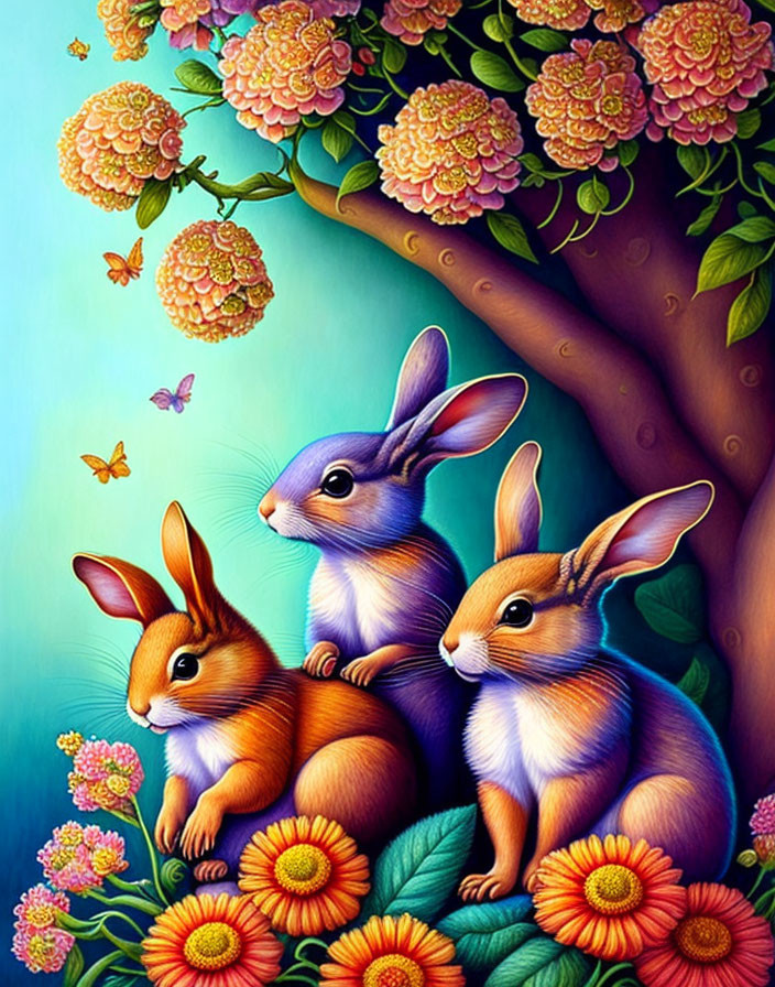 Colorful Rabbits in Flower and Butterfly Scene