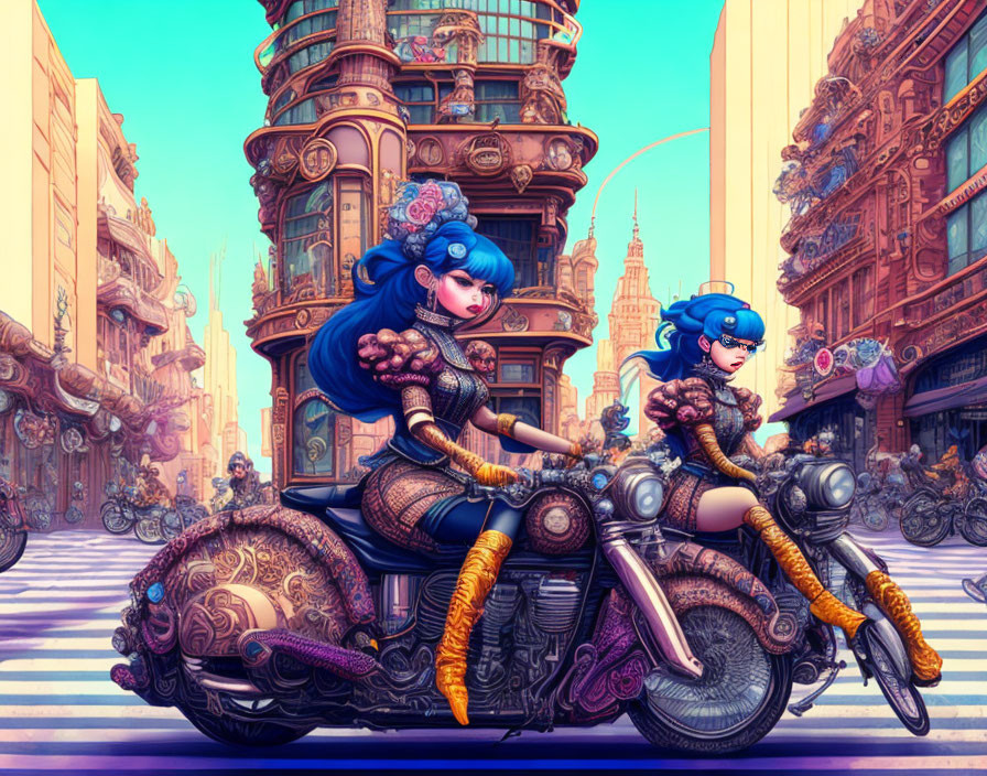 Futuristic armored female characters on motorcycles in bustling steampunk cityscape