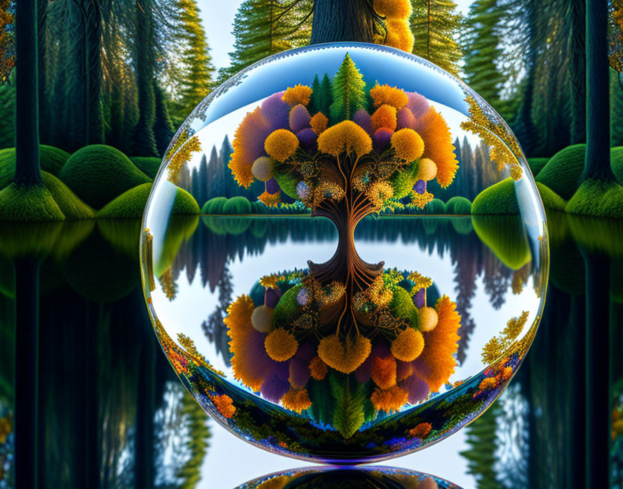 Colorful fractal tree in transparent sphere reflecting on water in serene forest.