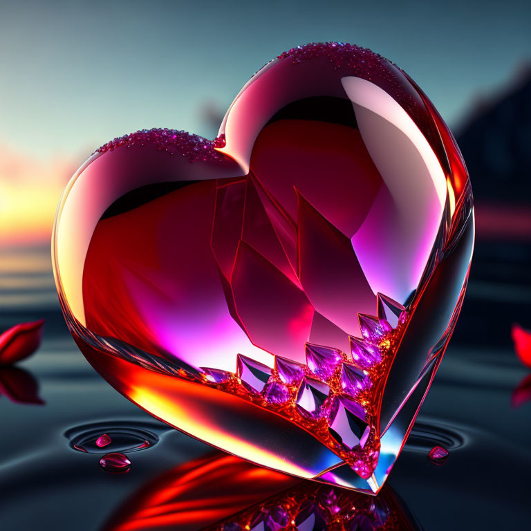 3D-rendered broken glass heart with sunset reflection on water