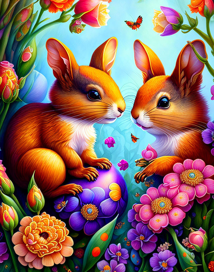 Colorful illustration of two squirrels with flowers and butterfly