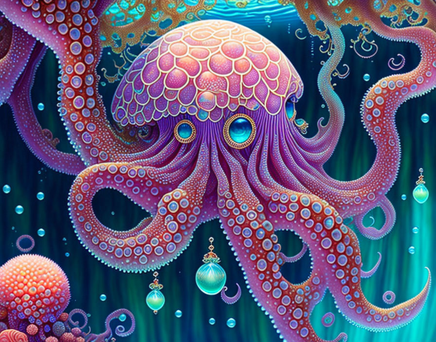 Colorful Purple Octopus Illustration with Intricate Patterns in Deep Blue Marine Scene