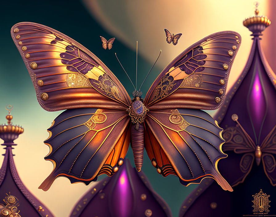 Intricate mechanical butterfly on ornate purple background