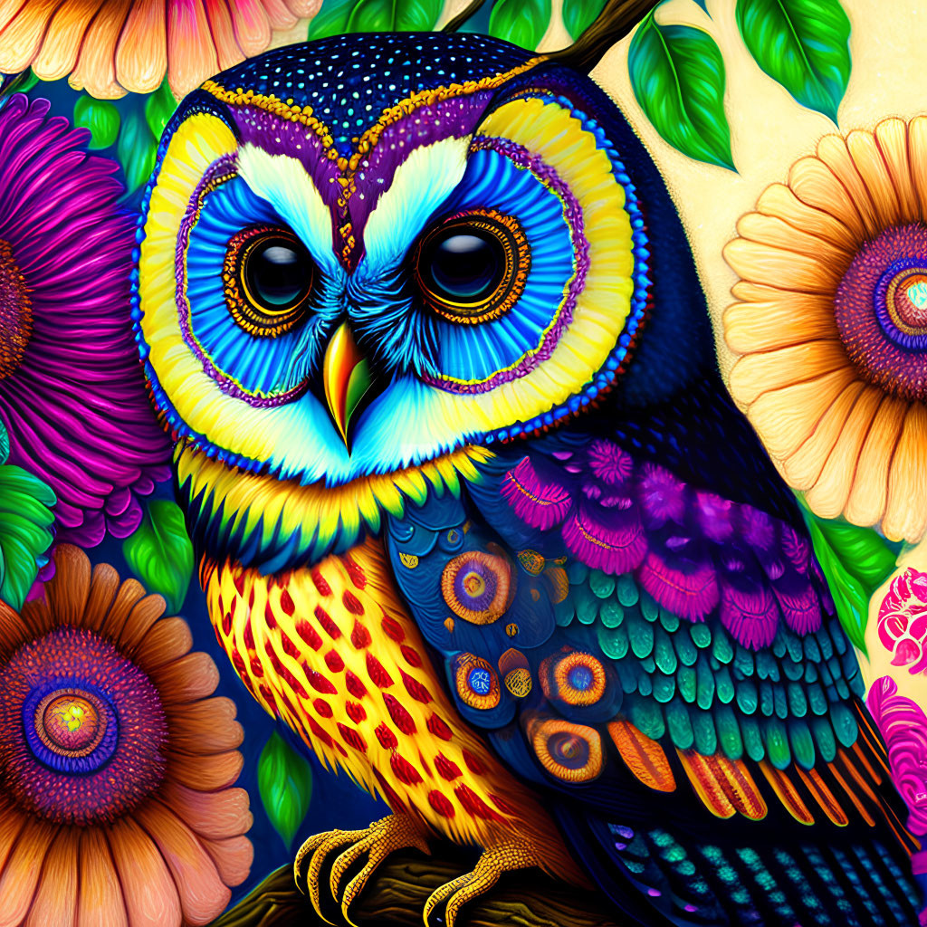 Colorful Owl Illustration with Psychedelic Patterns and Flowers