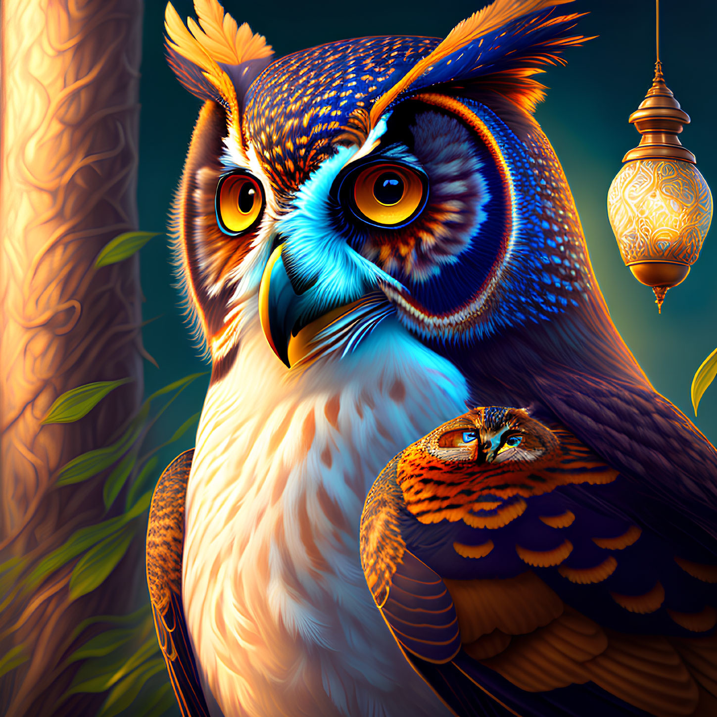 Detailed Owl Illustration with Intricate Feather Patterns and Miniature Companion Owl