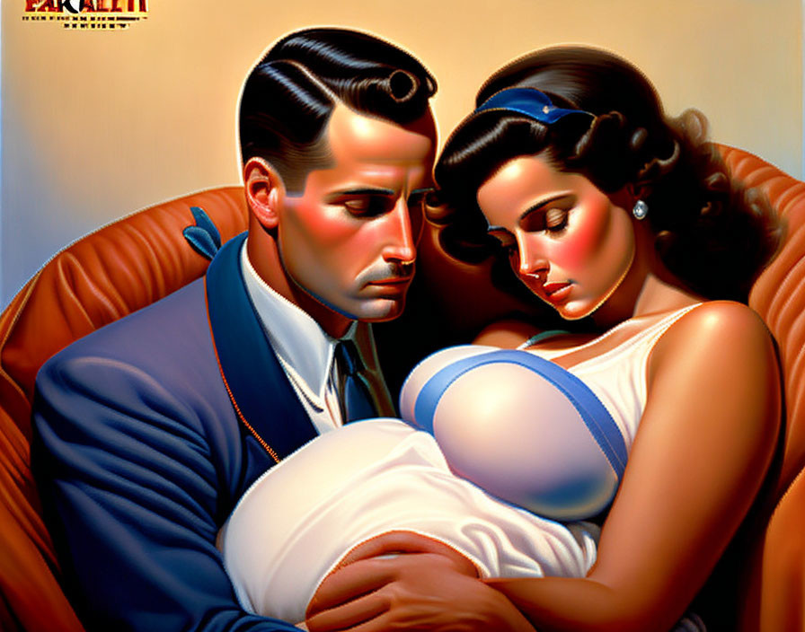 Stylized couple in blue and white embracing on tan couch