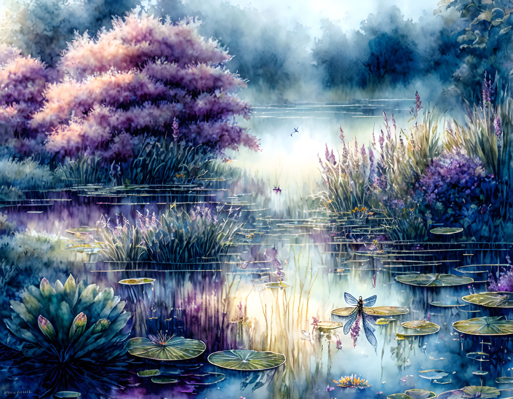 Tranquil Watercolor Painting of Pond with Lily Pads and Dragonflies