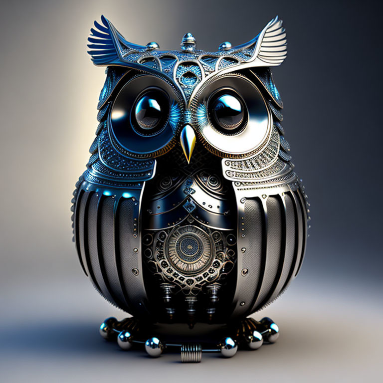 Steampunk owl with glowing blue accents on neutral background