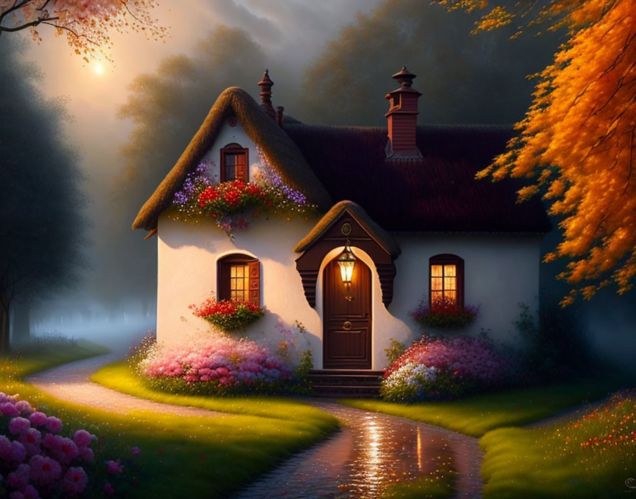 Thatched roof cottage in twilight setting with glowing path