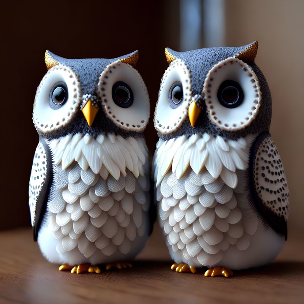 Pair of owl figurines with large eyes and detailed feathers on wooden surface