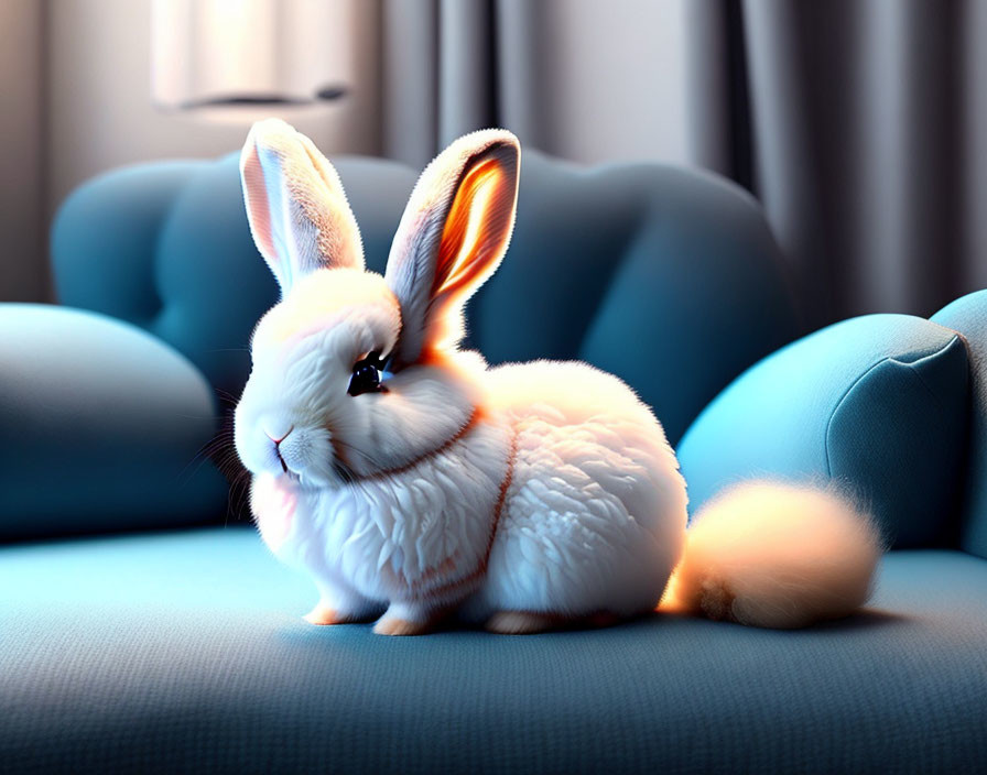 Fluffy White and Tan Bunny with Luminous Ears on Blue Couch