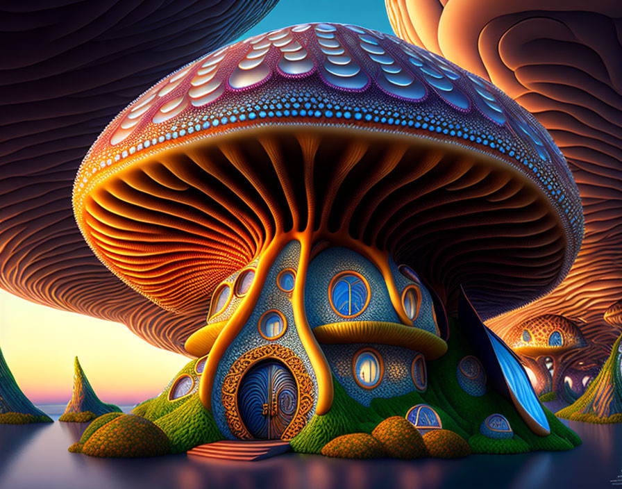 Colorful digital artwork: Oversized mushroom in surreal landscape