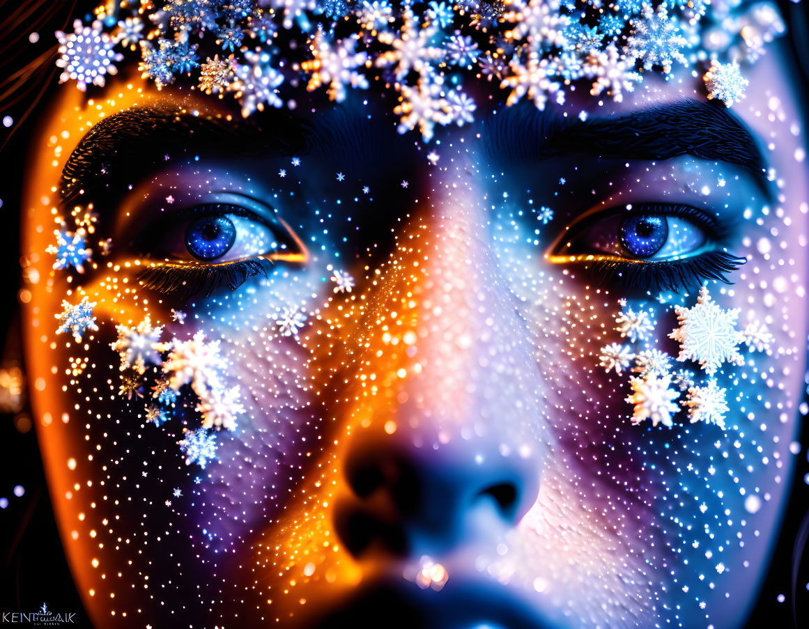 Close-up of face with glowing snowflake patterns in vibrant blue tone