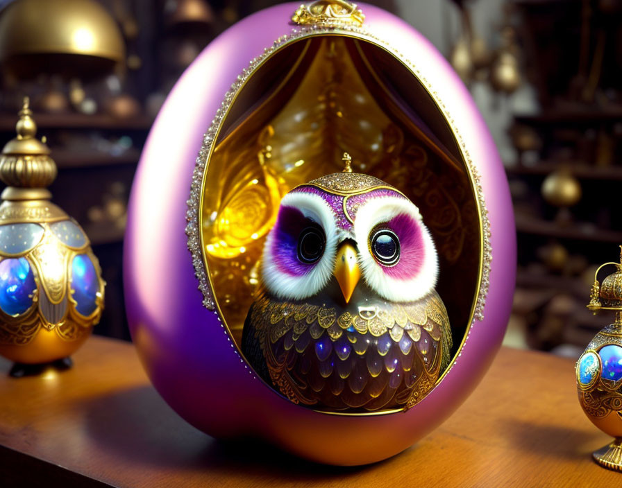 Luxurious Purple and Gold Egg with Detailed Owl Figurine among Ornate Eggs