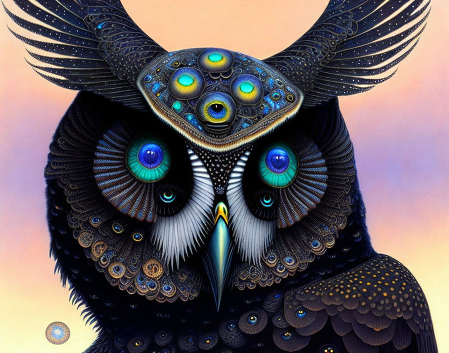 Vibrant Owl Illustration with Blue and Green Eye-like Spots
