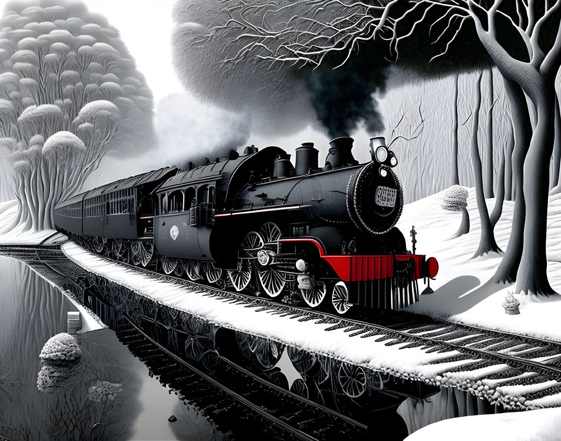 Vintage steam locomotive pulls passenger cars on snow-covered tracks in winter landscape with bare trees & monoch