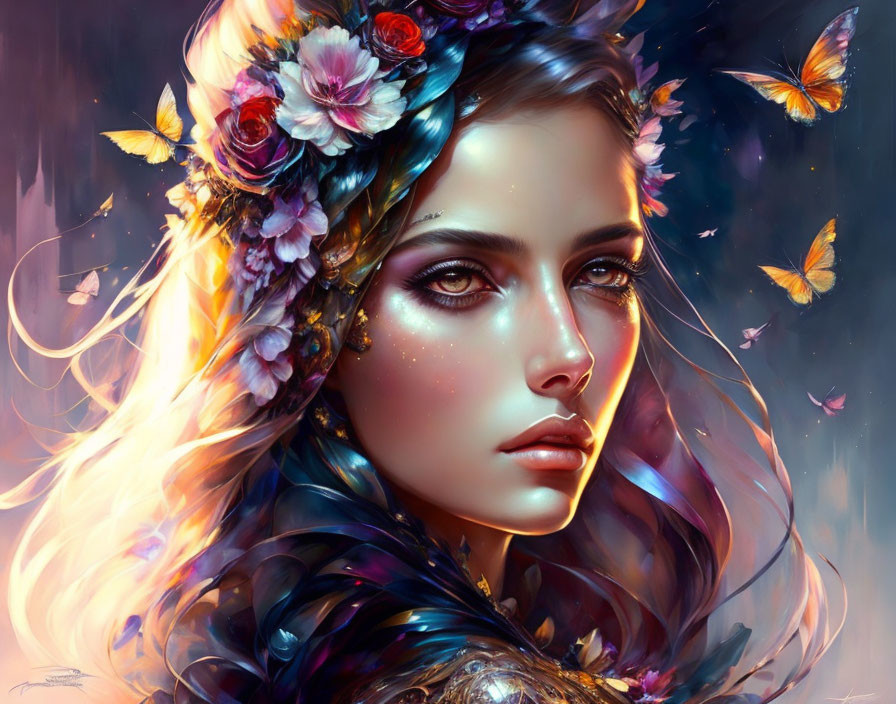 Woman with Floral Adornments and Butterflies in Vibrant, Mystical Illustration