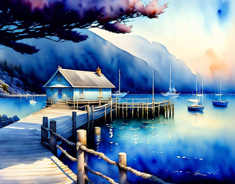 Blue Lakeside Cabin Watercolor: Pier, Boats, Mountains, Twilight Sky