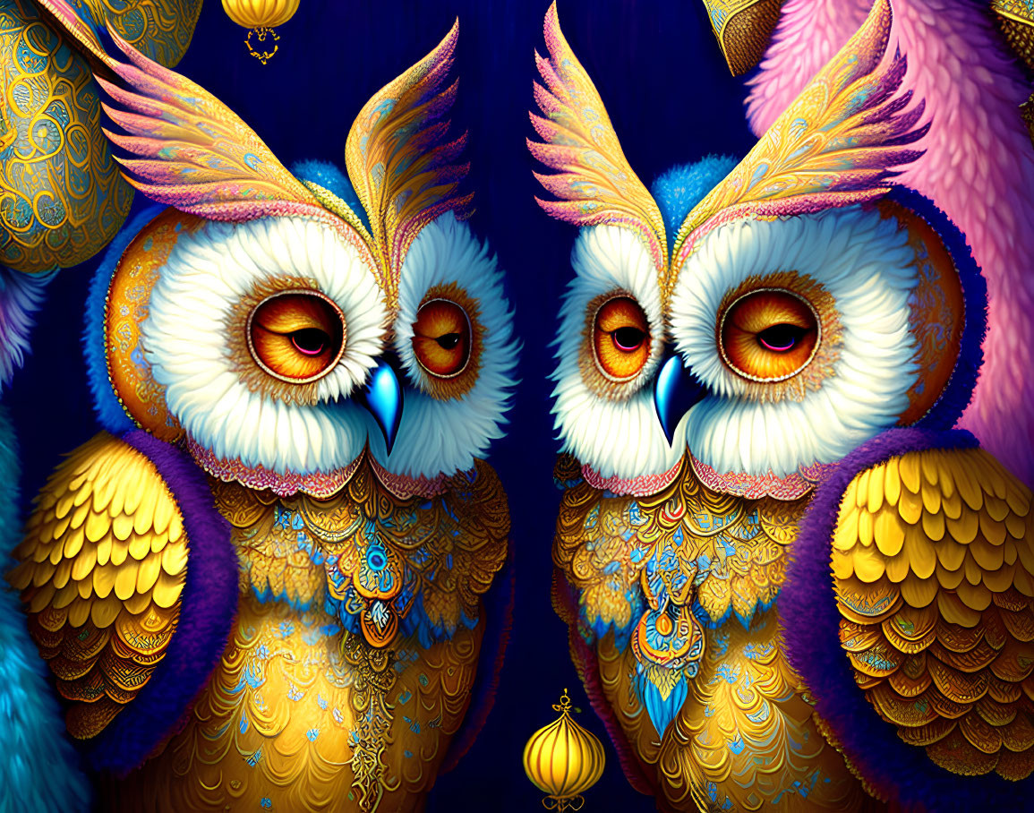 Colorful ornate owls with large eyes on dark blue background