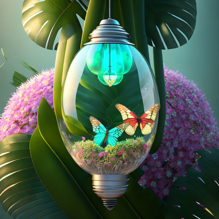 Vibrant ecosystem in lightbulb with butterflies, greenery, and pink flowers