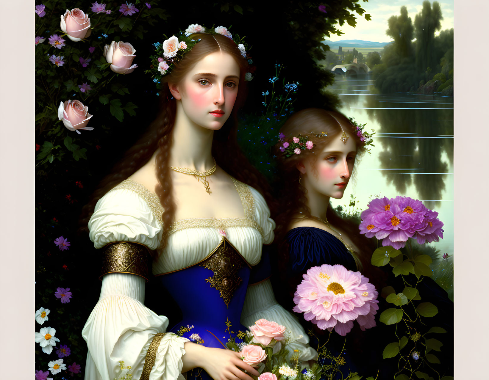 Two women in classical attire by serene river landscape.