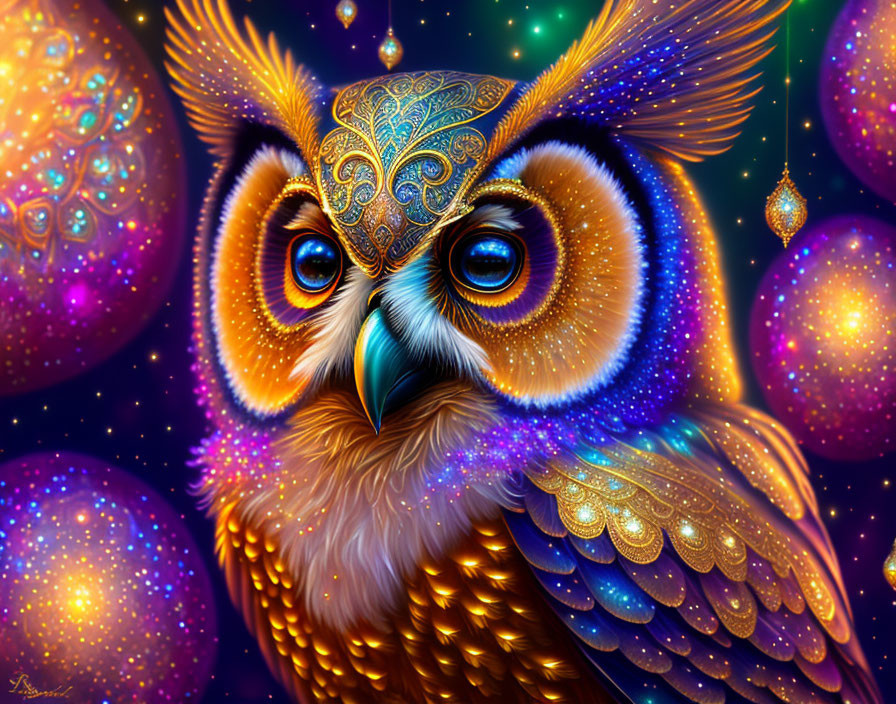 Colorful Owl with Golden Headpiece in Cosmic Starry Scene