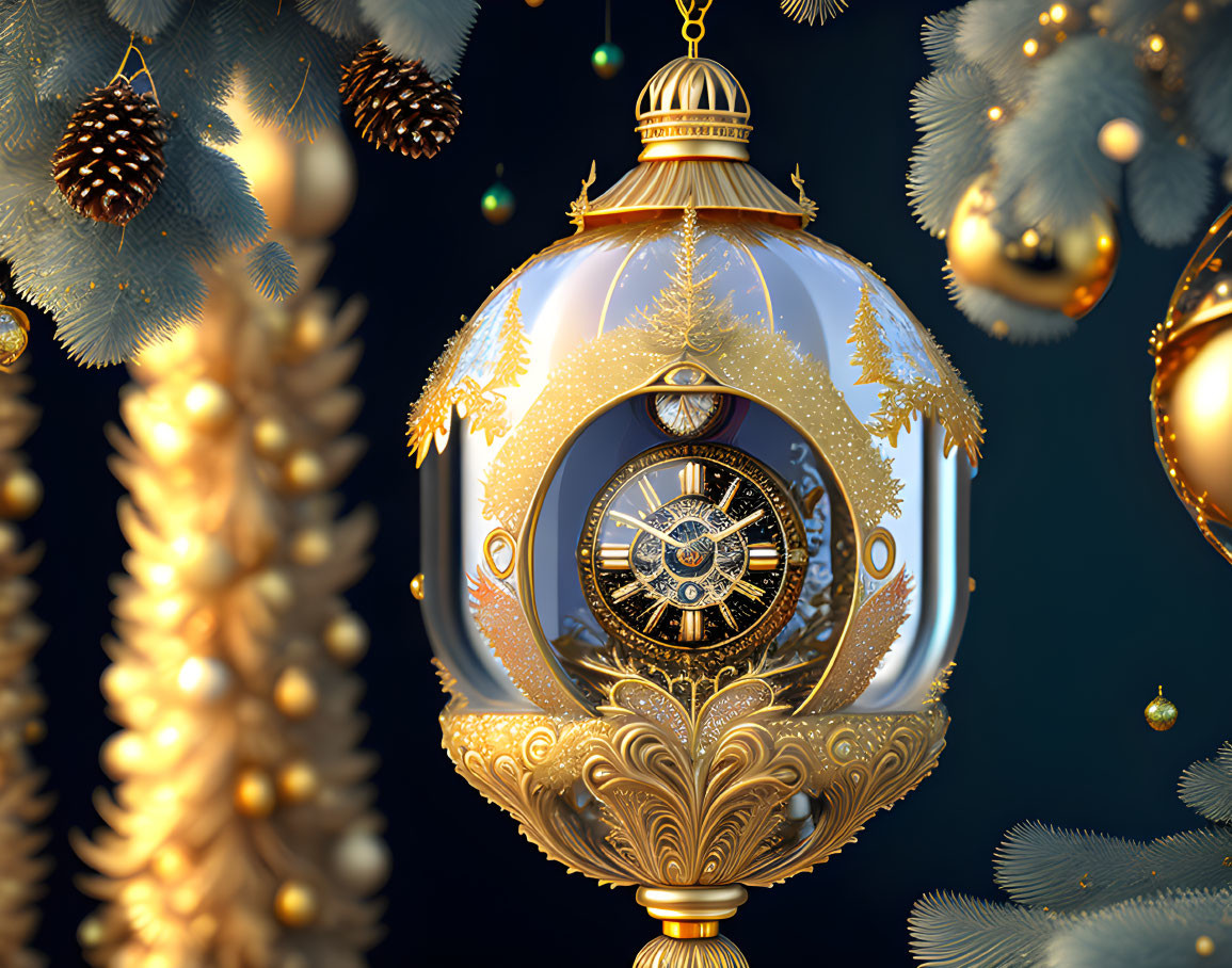 Golden Clock in Transparent Christmas Ornament with Pine Branches