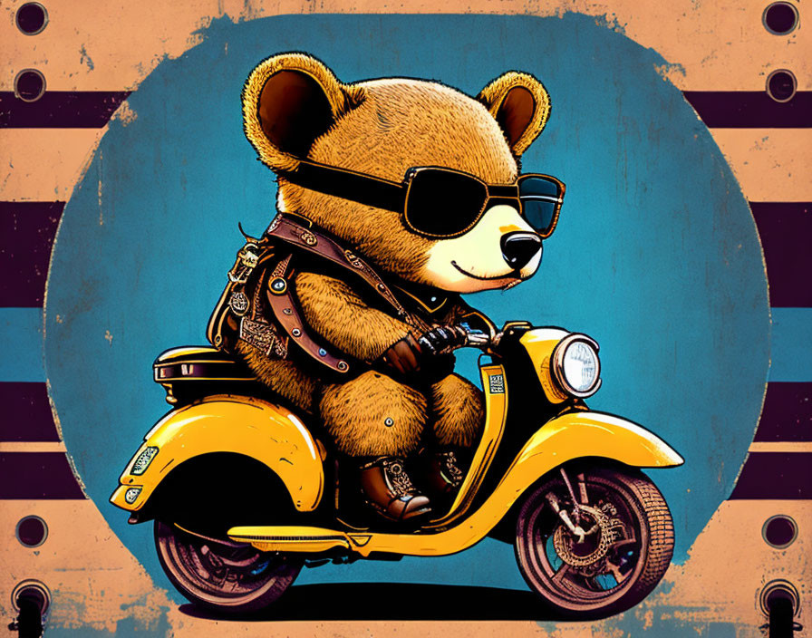 Cool Bear in Sunglasses and Leather Jacket on Yellow Scooter against Retro Striped Background