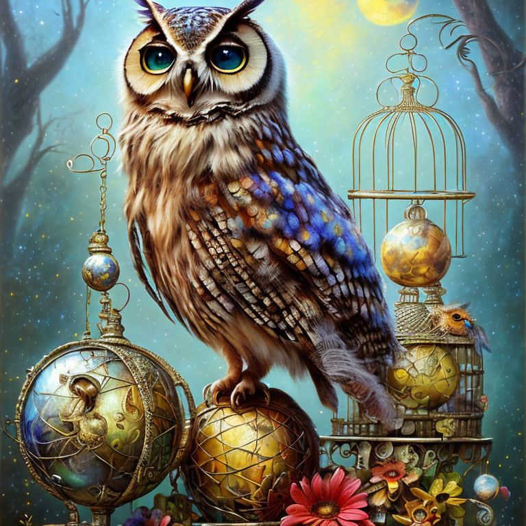 Owl perched on celestial globes and clocks with bird in cage, starry twilight backdrop