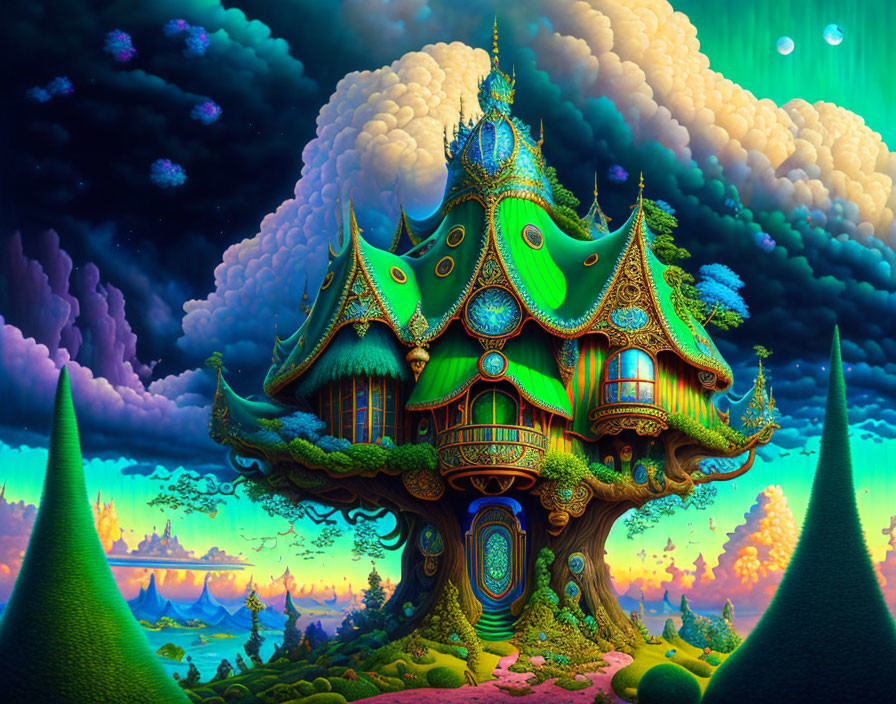 Colorful fantasy artwork: Elaborate treehouse in vibrant landscape