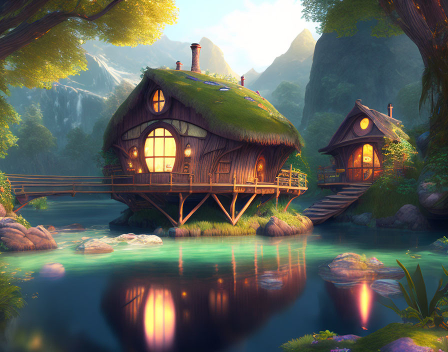 Illustration of cozy cottages on stilts by tranquil pond