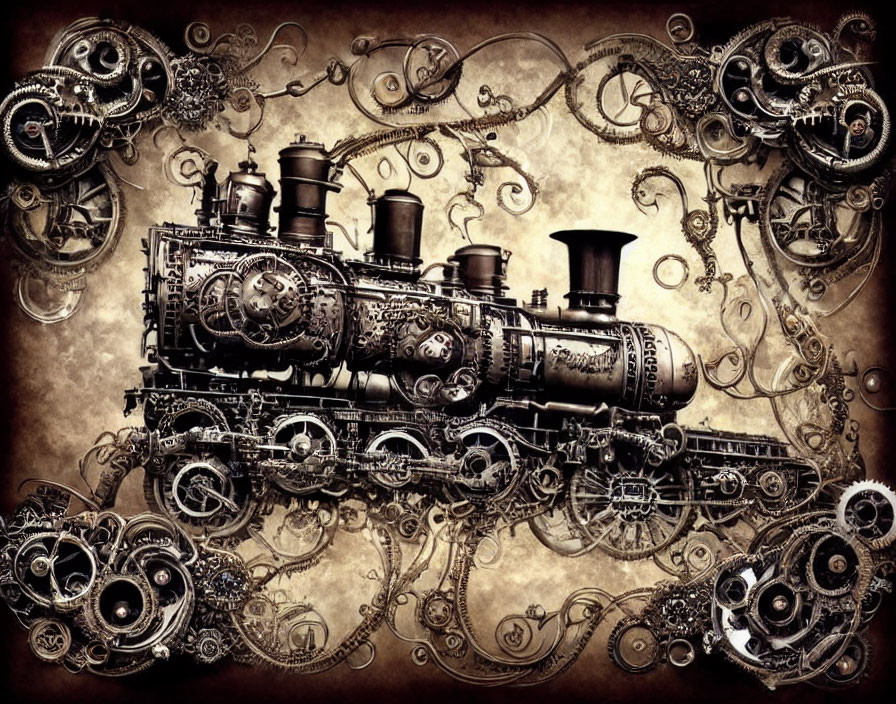 Detailed Steampunk-Style Locomotive Illustration on Aged Parchment