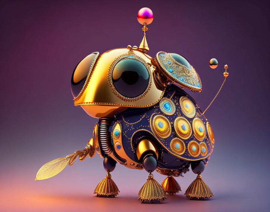 Steampunk-inspired robotic sheep with colorful design on purple background