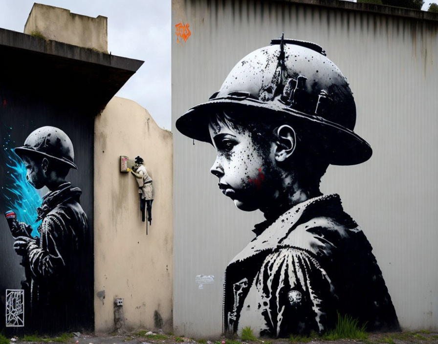 Child in soldier's helmet with butterfly in vibrant mural.