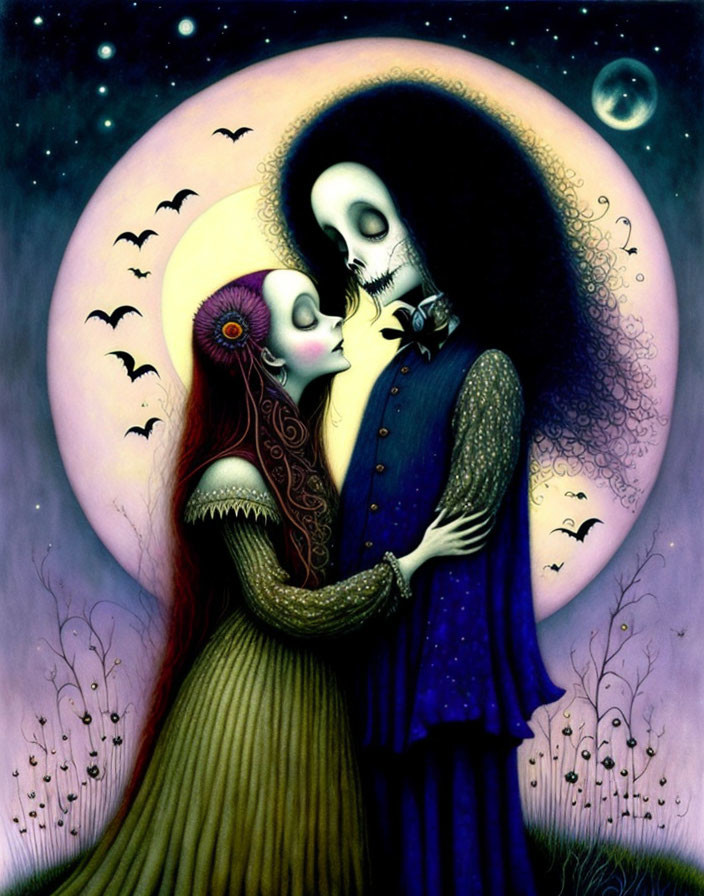 Gothic characters embrace under crescent moon, surrounded by bats and bare trees