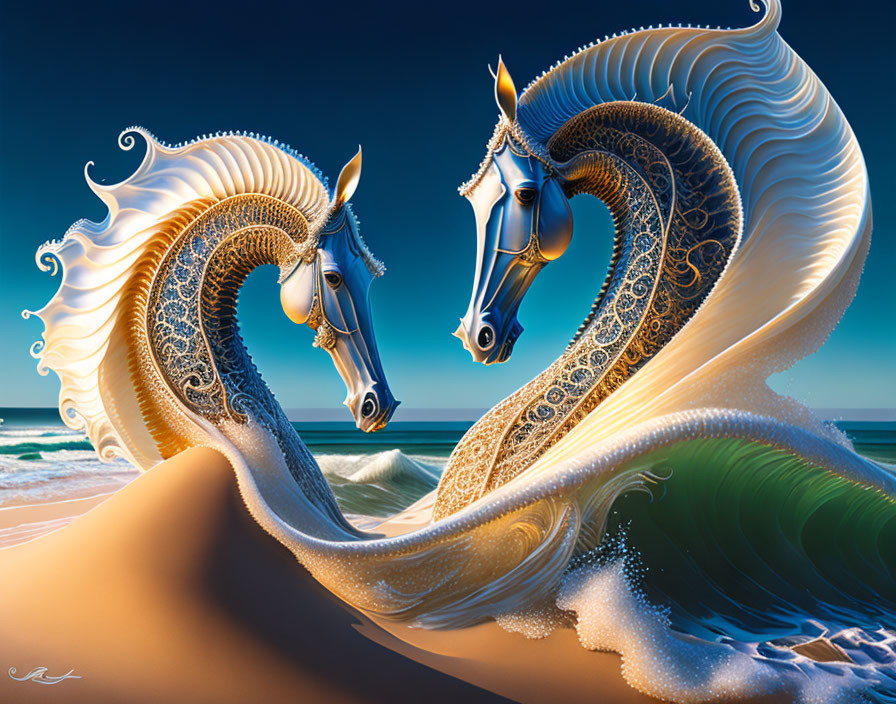 Stylized horses with ornate details on vibrant beach backdrop