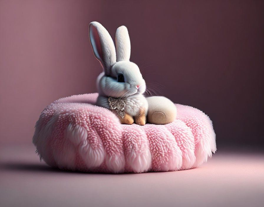 White Bunny with Heart Pendant on Pink Cushion Against Pink Background