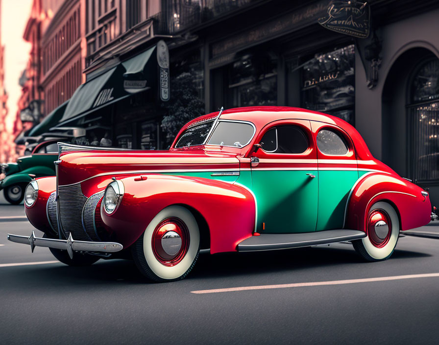 Classic Two-Toned Car with White-Wall Tires on City Street