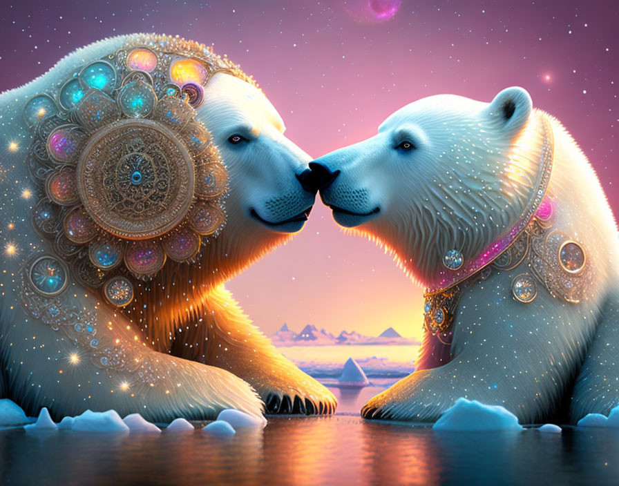 Ornately decorated polar bears touching noses in twilight arctic scene