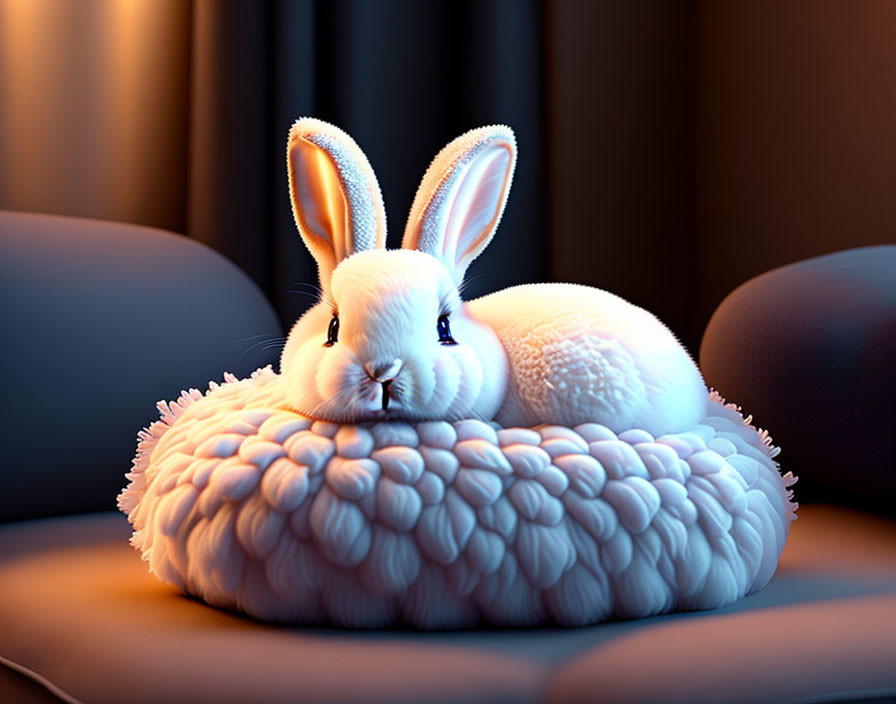 White Rabbit Plush Toy on Fluffy Cushion on Brown Sofa