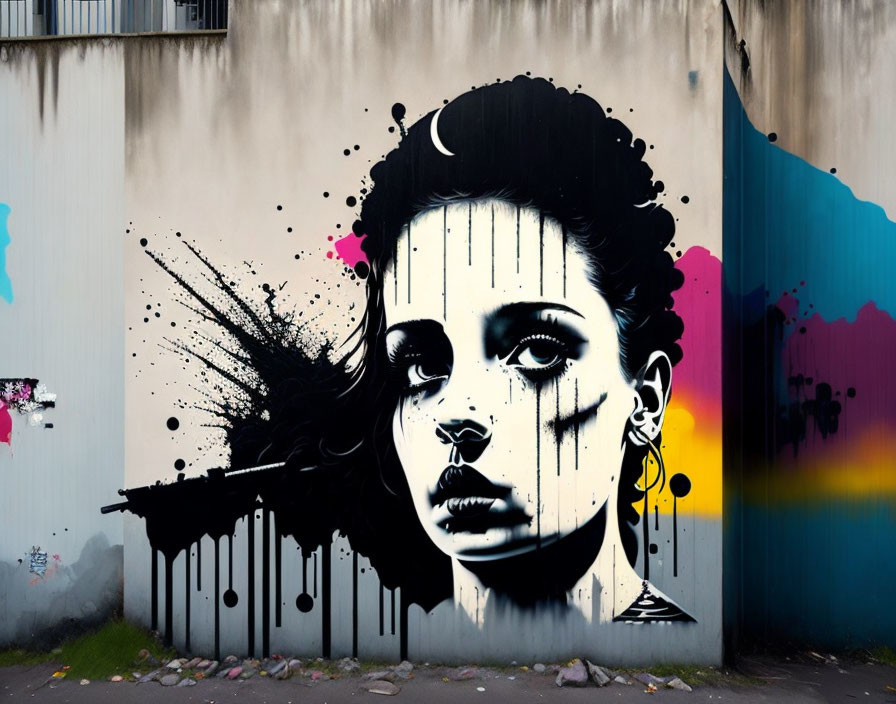 Monochromatic stencil-style graffiti of a woman's face with expressive eyes surrounded by colorful paint splatters