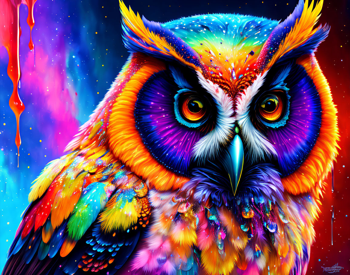 Colorful Neon Owl on Cosmic Blue and Red Background with Paint Drips