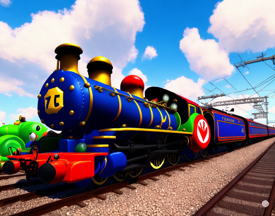 Vibrant animated trains on tracks under sunny sky