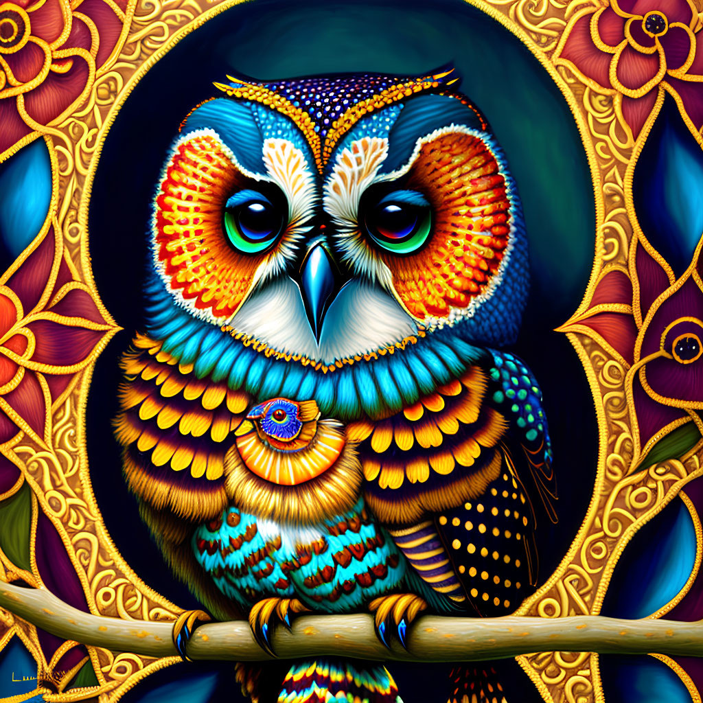 Colorful Owl Artwork with Intricate Patterns and Floral Background