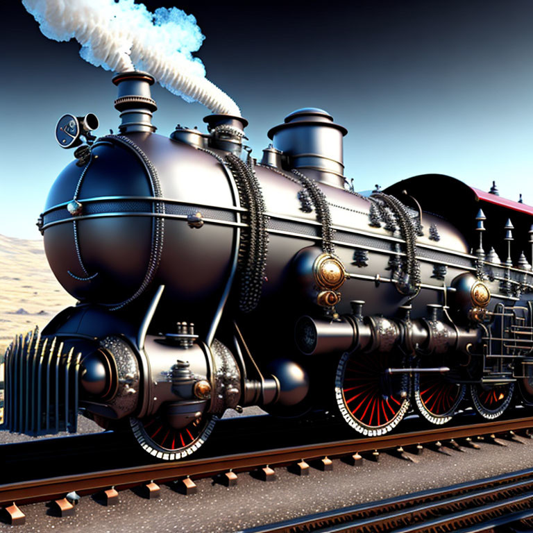 Detailed Illustration of Classic Steam Locomotive on Desert Railway