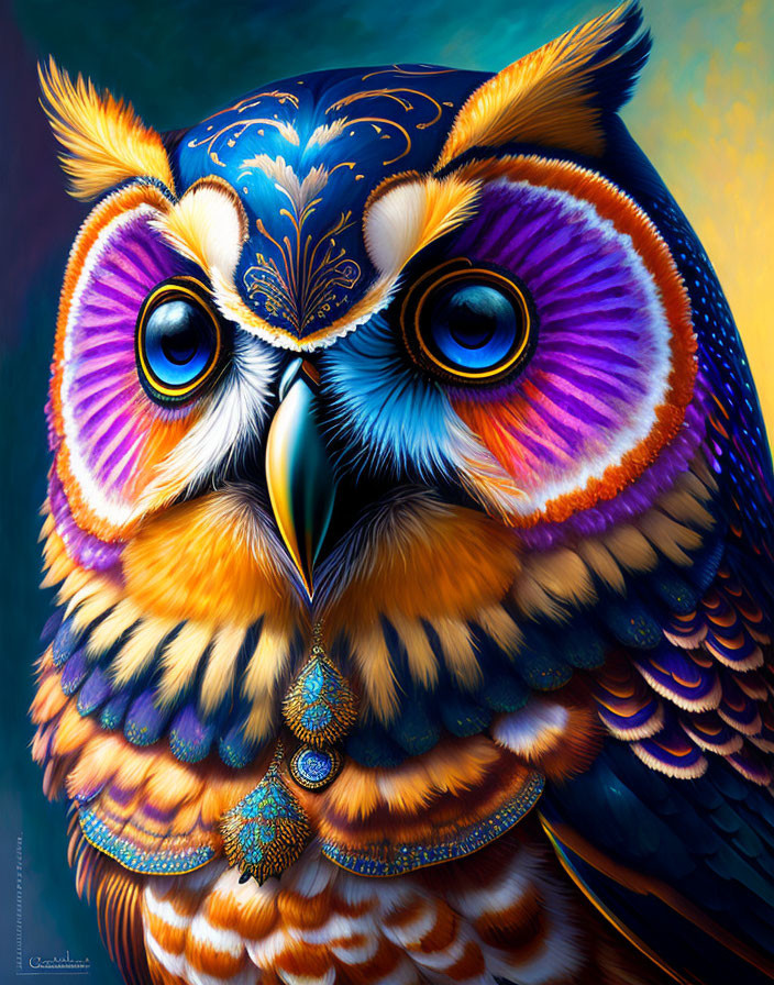 Colorful Owl Illustration with Blue, Purple, Orange, and Yellow Hues