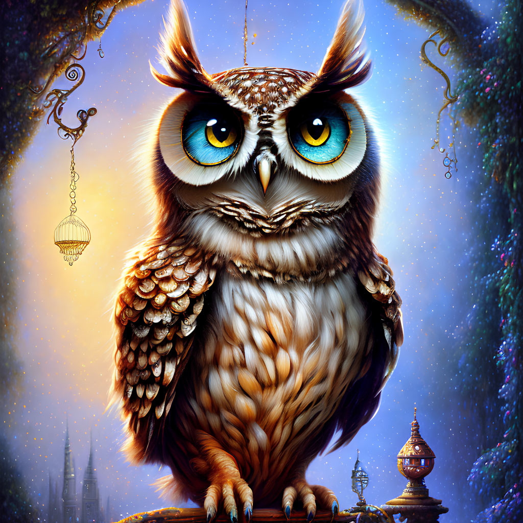 Majestic owl with blue eyes on branch in dreamlike setting