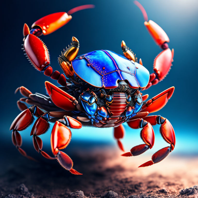 Colorful Crab with Blue Shell and Red-Orange Legs on Blurred Background