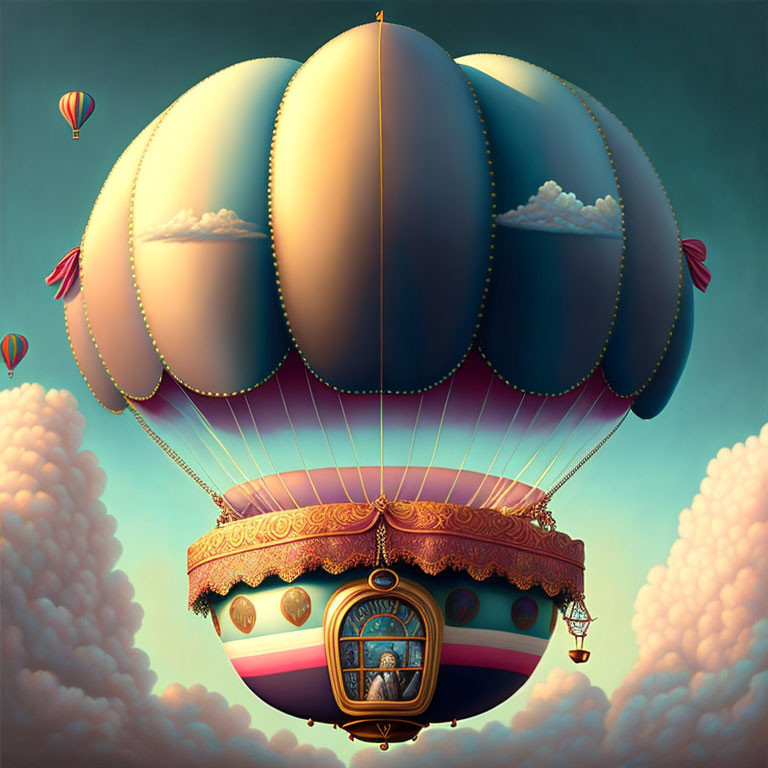 Detailed Hot Air Balloon Illustration Floating Among Clouds