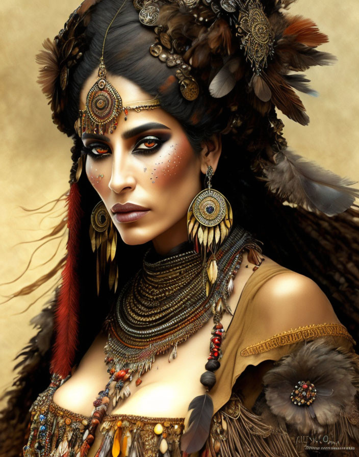 Digital Artwork: Woman with Striking Makeup and Elaborate Headdress